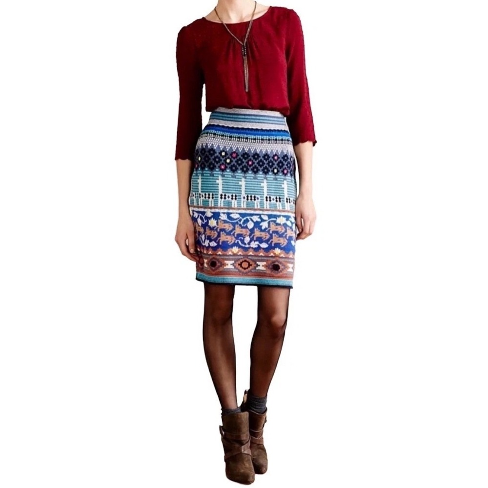 Anthropologie HWR Wool Blend Sweater Pencil Skirt Magenta/Hot Pink Accents Sz S